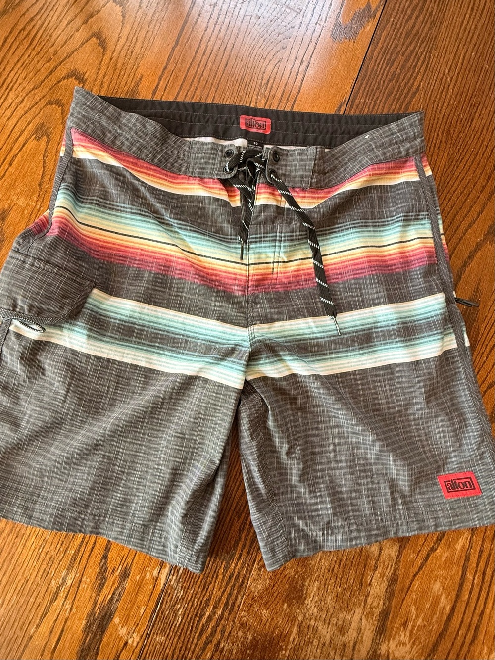 Men's Gray Board Shorts with Multicolor Stripe Detail